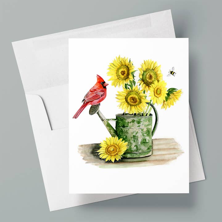 Cardeal e Girassóis em Regador / Cartão de Cumprimentos em Branco por atacado de Kasey Melissa Art