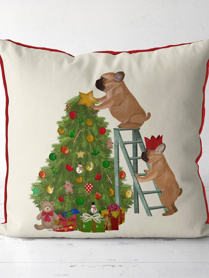 French Bulldog Christmas Tree Holiday Pillow cushion for wholesale by FabFunky Ltd