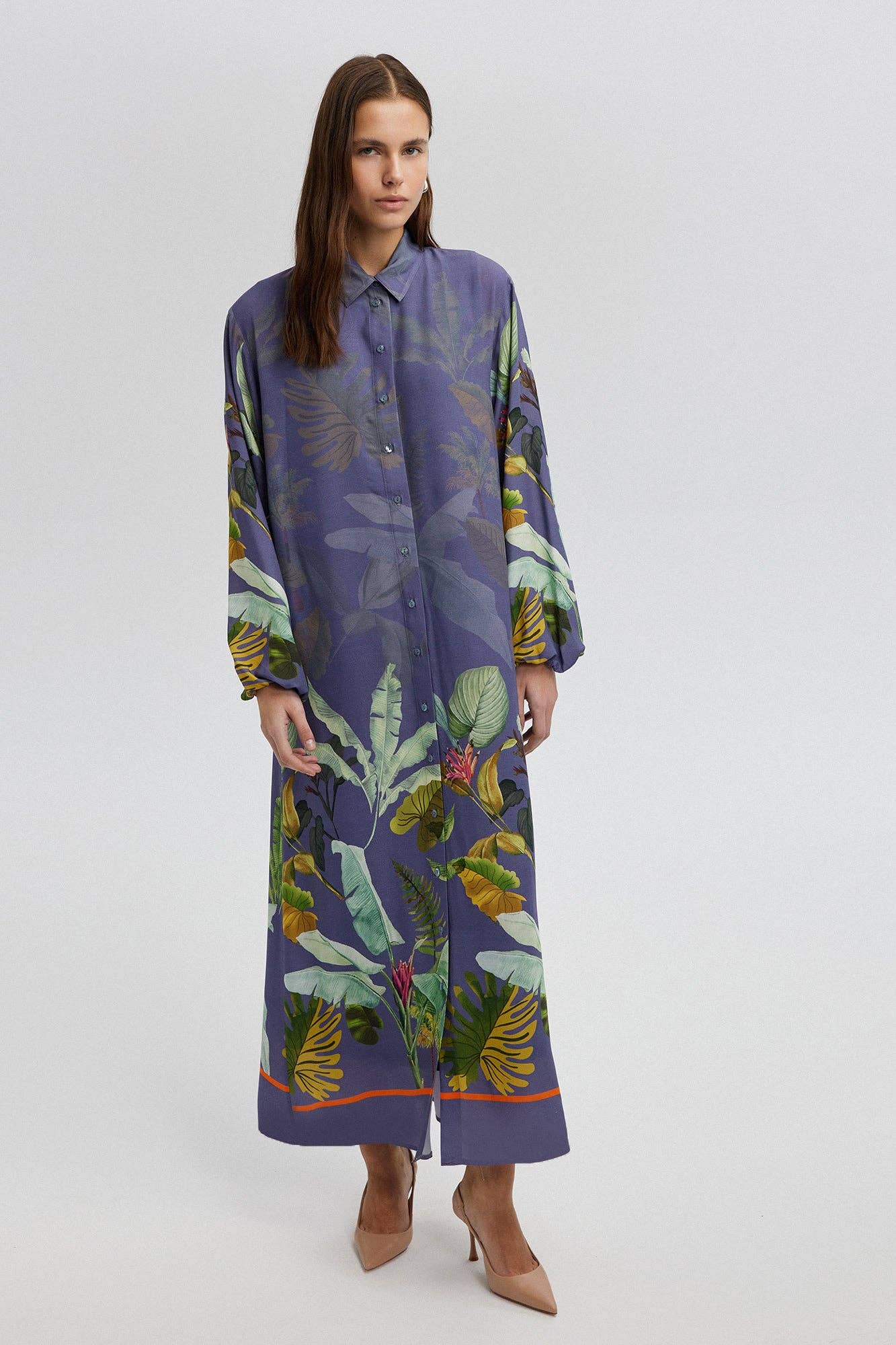 Bleu Marine Robe chemise maxi Tropical Garden en viscose en vente sur Faire1