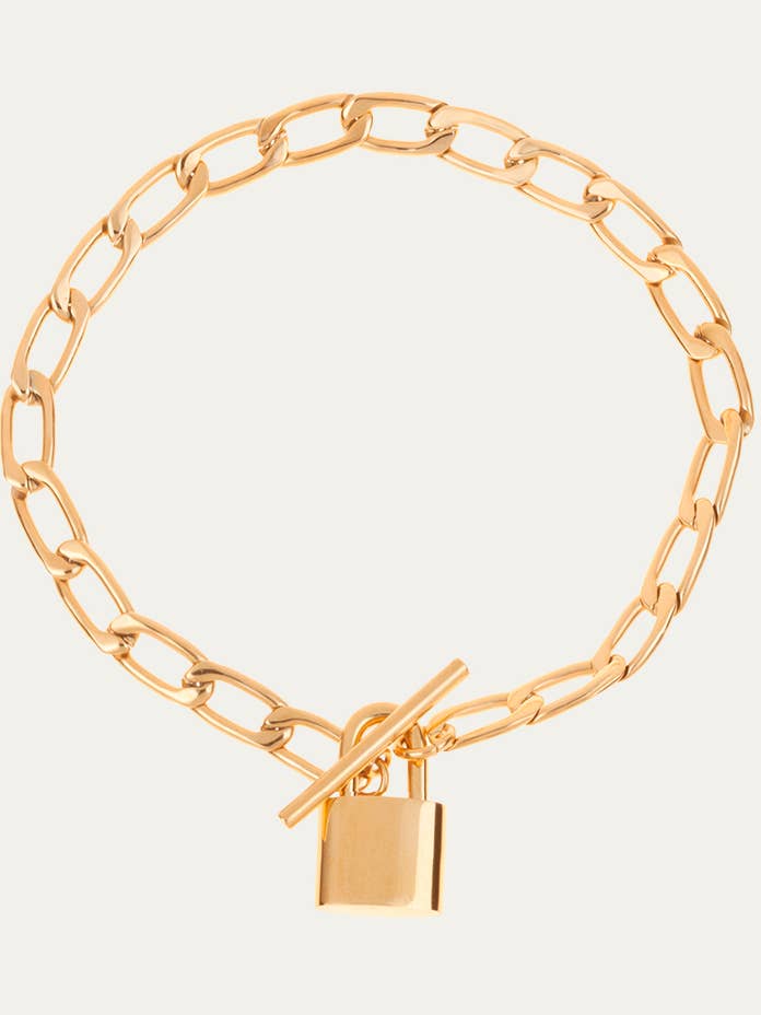 Bracciale Uma in acciaio placcato oro 18k con ciondolo lucchetto per la vendita all'ingrosso da parte di FLOR DE MENTA JEWELRY