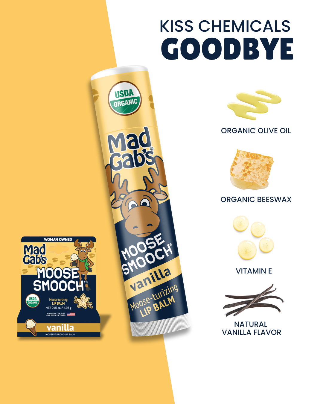Mad Gab's - Vente Baumes à lèvres - Tubes de baume à lèvres Organic Moose Smooch Open Stock3