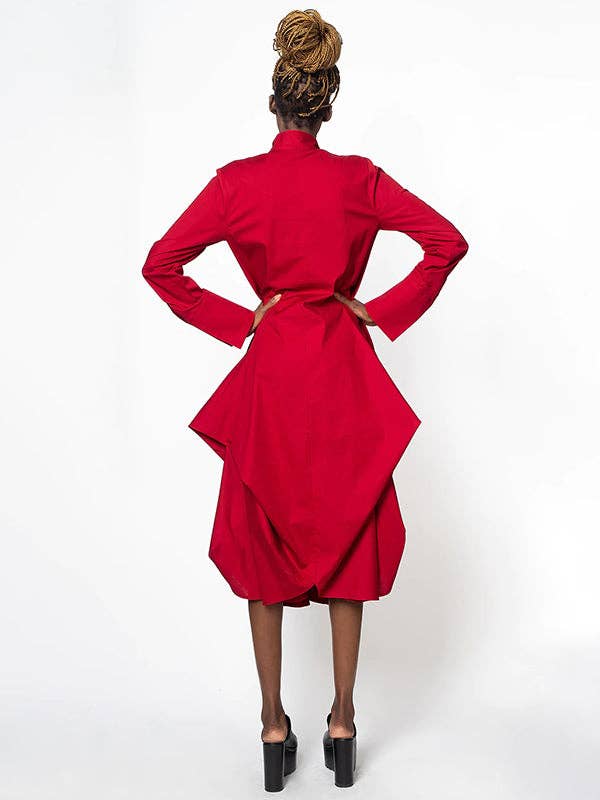 Red Stylish Loose Stand-Collar Long Sleeves Midi Dress for wholesale on Faire5