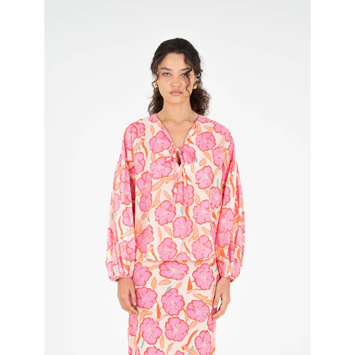Blouse with Pink Marigold Floral Print for wholesale by CARMEN SAYS