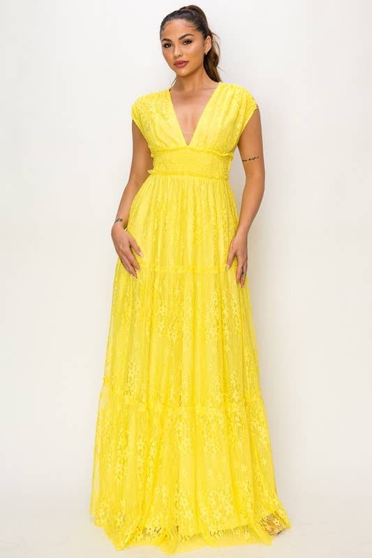 Miss Avenue - Vente Robe – femme - Robe longue volantée à col en V et à manches courtes en dentelle DM31074