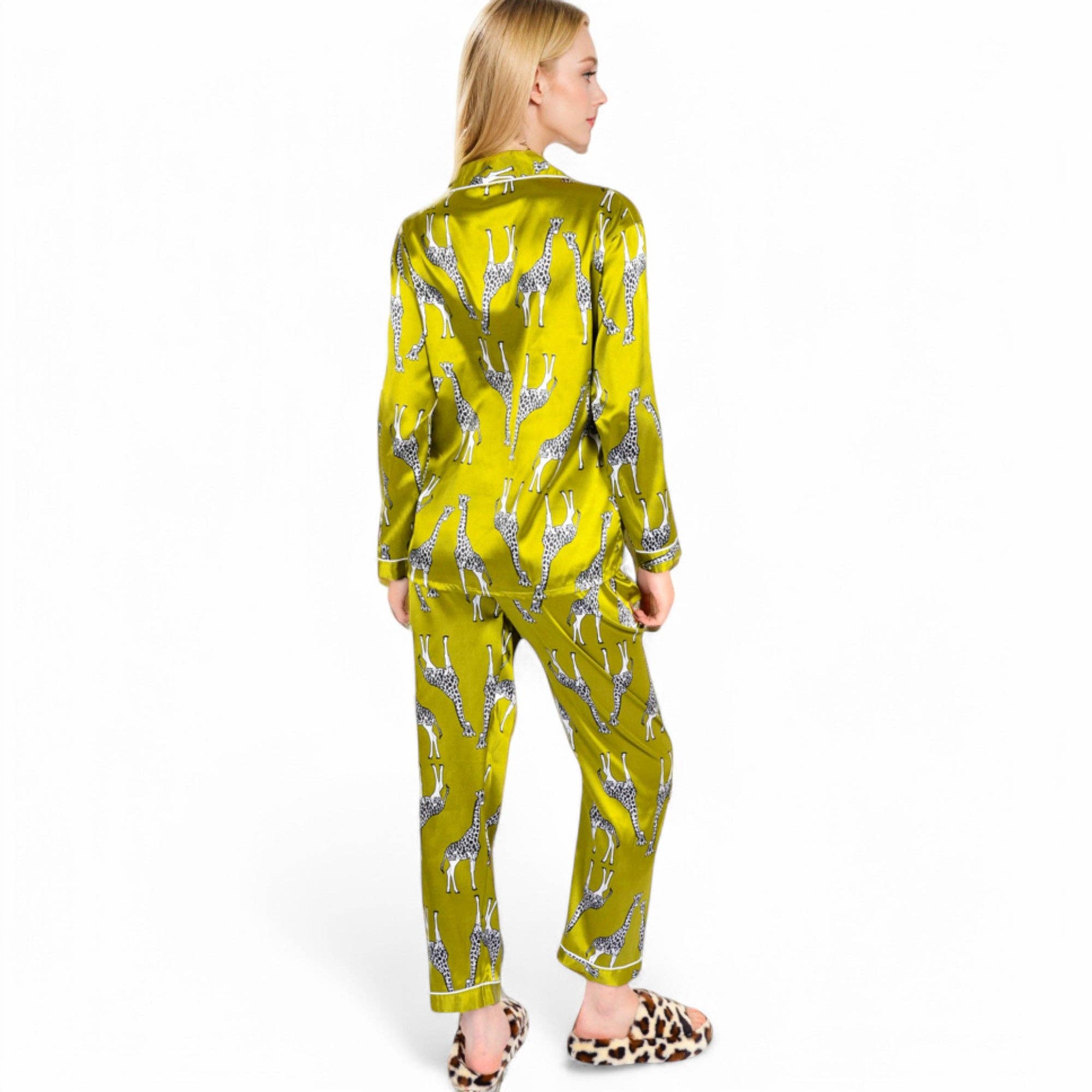 Yellow Satin Pajama Set with Giraffe Print and Button-Down Top for wholesale on Faire4