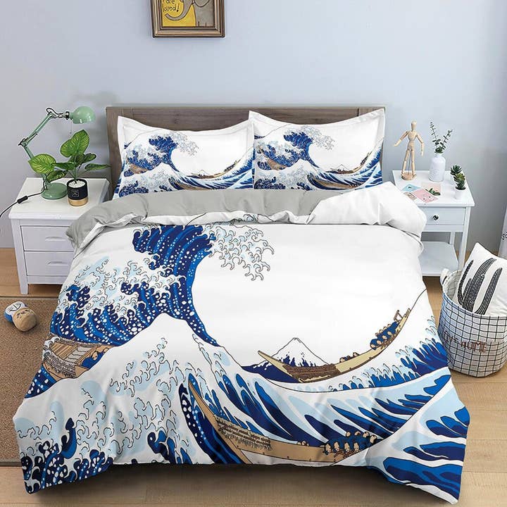 Great Wave Bedding, ropa de cama japonesa, juego de funda de edredón de arte japonés, colcha de cama, funda de edredón estética king queen full twin doble para venta al por mayor de daintyduvet