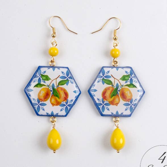 Earrings: Majolica lemons hexagons for wholesale by 4everyday Handmade