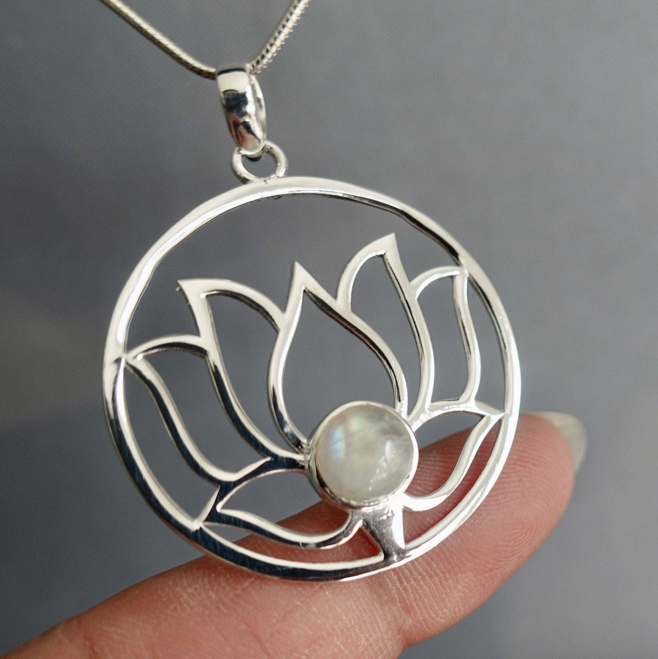 Mistry Gems – wholesale Pendant/charm necklace – Large Round Moonstone Lotus Flower Pendant | Sterling Silver3