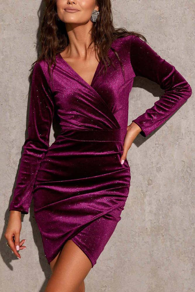 UNISHE - Wholesale Dress - Women's - Plain V Neck Ruched Glitter Velvet Bodycon Dress XML0166