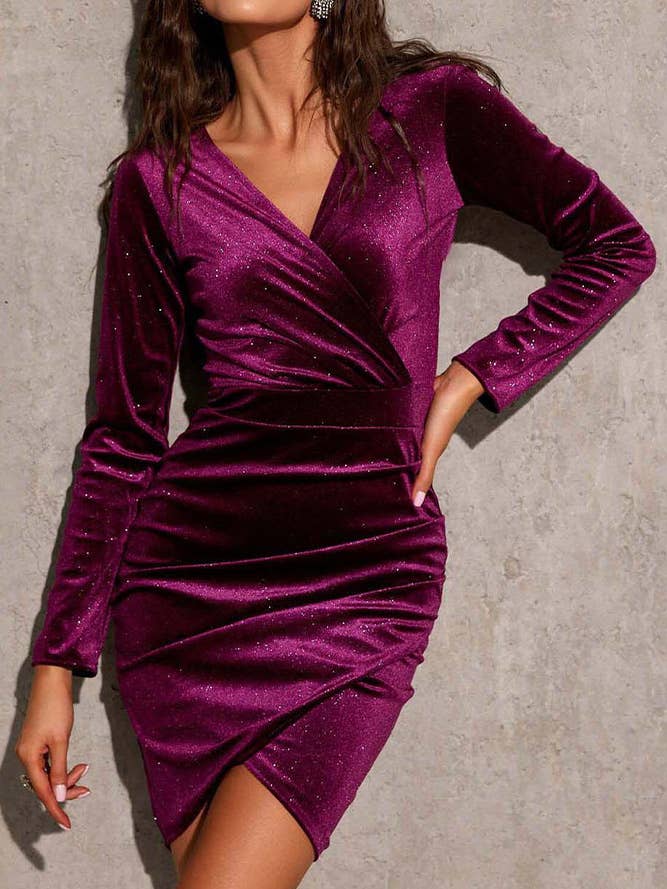UNISHE - Wholesale Dress - Women's - Plain V Neck Ruched Glitter Velvet Bodycon Dress XML0166