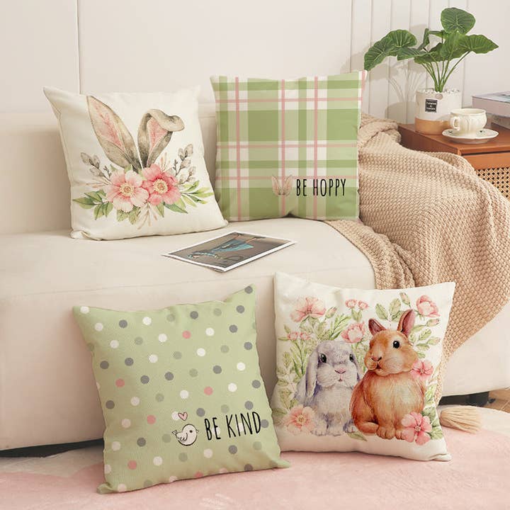 Copricuscino in lino floreale con coniglietto pasquale 45x45 cm per la vendita all'ingrosso da parte di Liffy