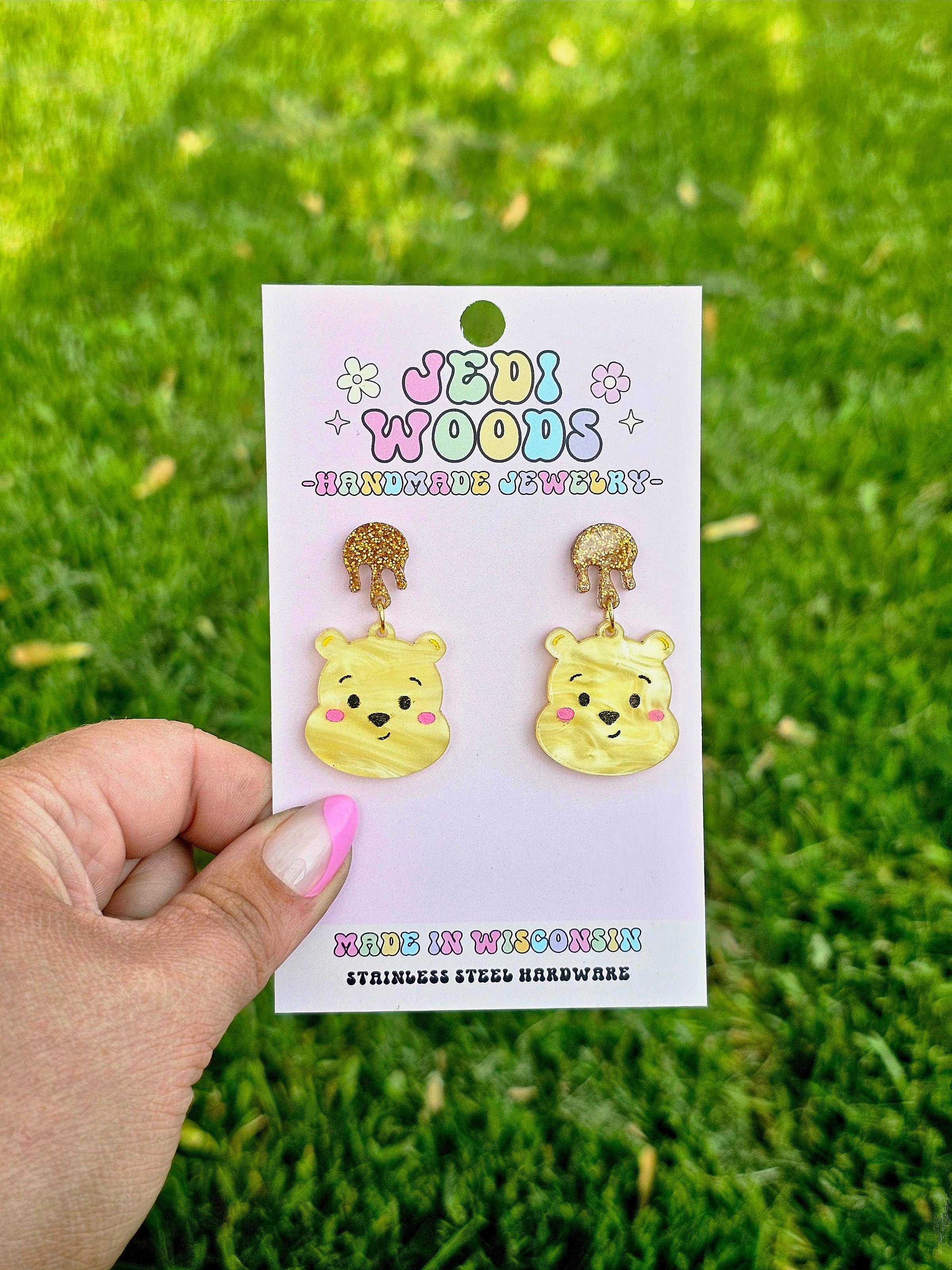 Jedi Woods LLC - Wholesale Dangle Earrings - Pooh Bear Earrings with Golden Hunny Topper1