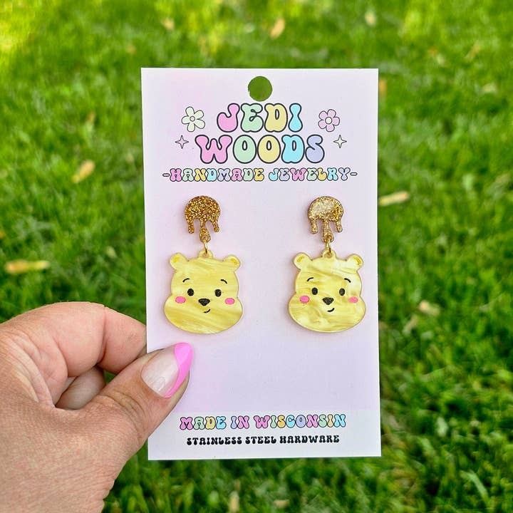 Jedi Woods LLC - Wholesale Dangle Earrings - Pooh Bear Earrings with Golden Hunny Topper1