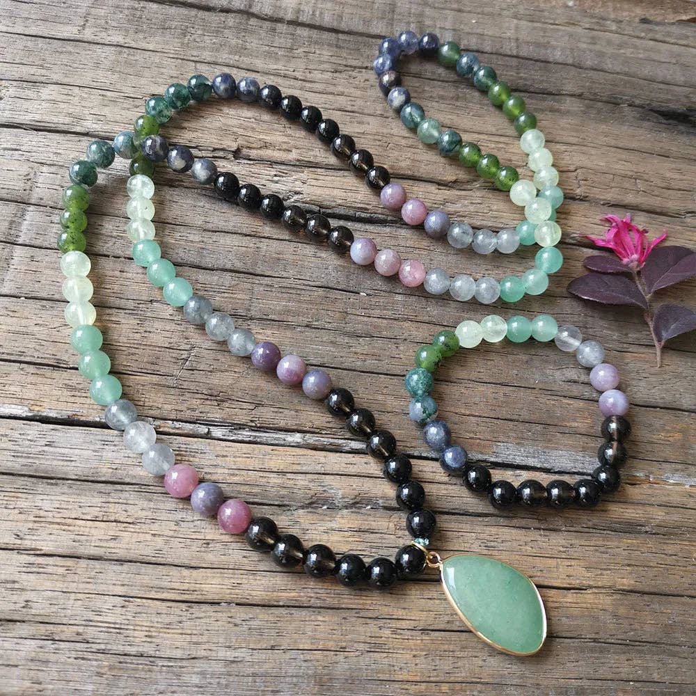 Harmony Mala – Engroshandel Perlehalskæde – Halskæde med mala-perler af sort onyx, grøn aventurin, prehnit7