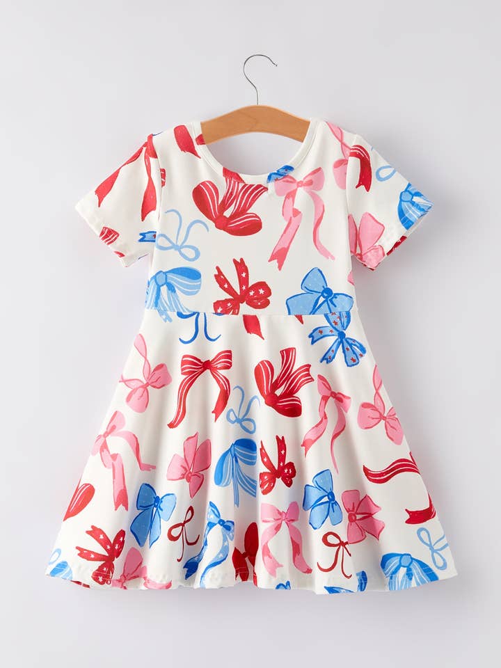 Rylee Faith Designs - Wholesale Dress - Kids - 4th of july Color Bow Printed Short Sleeves Dress