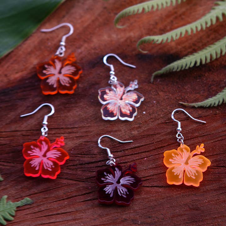 Hanging Hibiscus Single Earrings - Laser Cut Acrylic for wholesale by Kaumana Crochet and Crafts