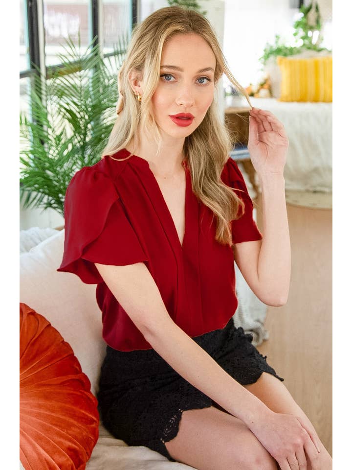 Vine & Love - Wholesale Blouse - Women's - Puff Petal Short-Sleeve Casual Work Blouse Top VT3200016