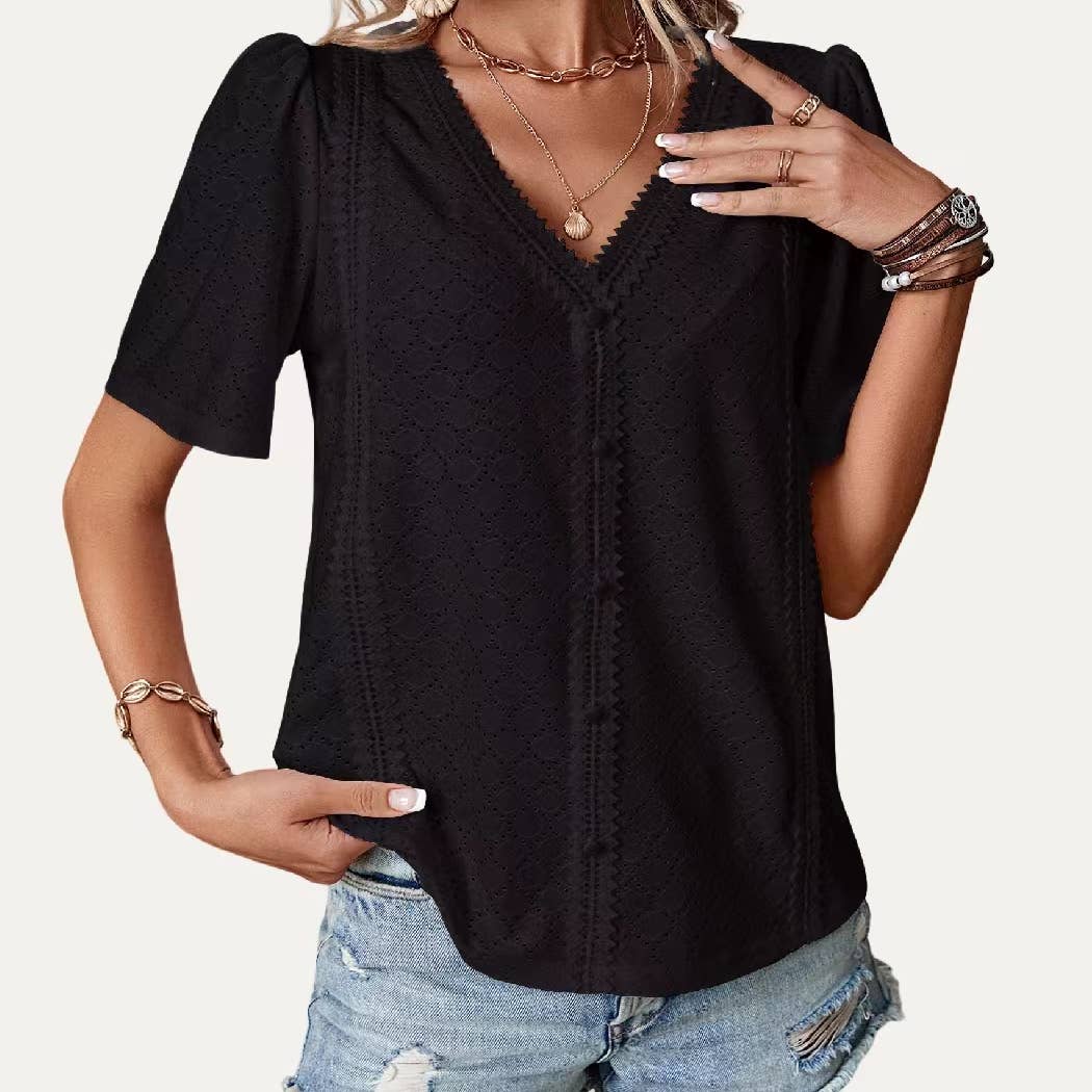 The Moment Collection - Wholesale Blouse - Women's - On-Trend Sheer V Neck Pierced Pointelle Short Sleeve Top4