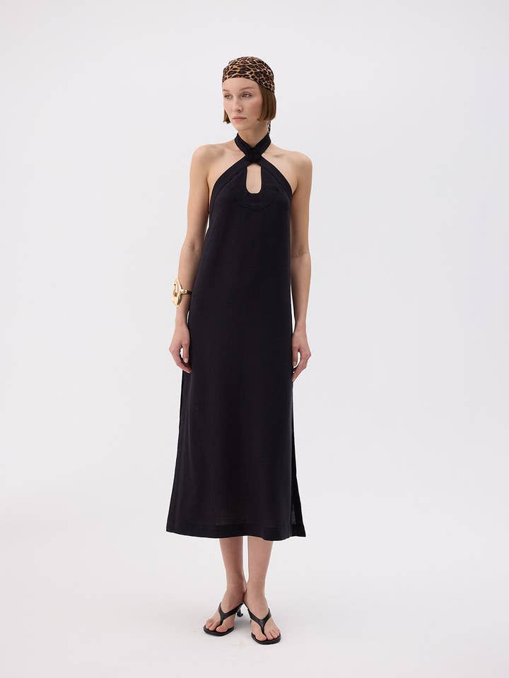 Black Linen Halter Neck Dress (3457) 32% Linen 68% Cotton for wholesale by Fulmarix