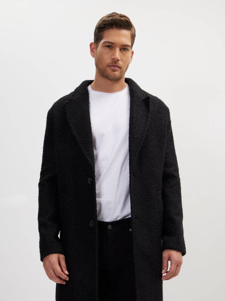 Men's Long Fitted Boucle Pea Coat With Notch Lapel - Black for wholesale by Ron Tomson