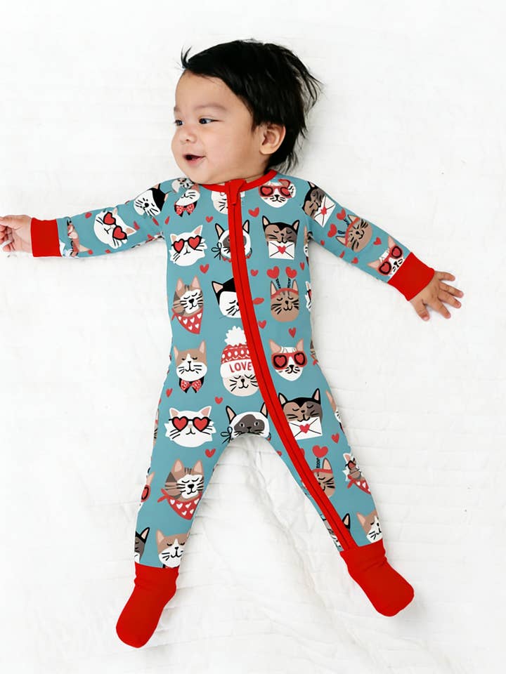 Purrfectly Loved (Convertible Zip Footies) - Heirloom Blue for wholesale by DreamLet