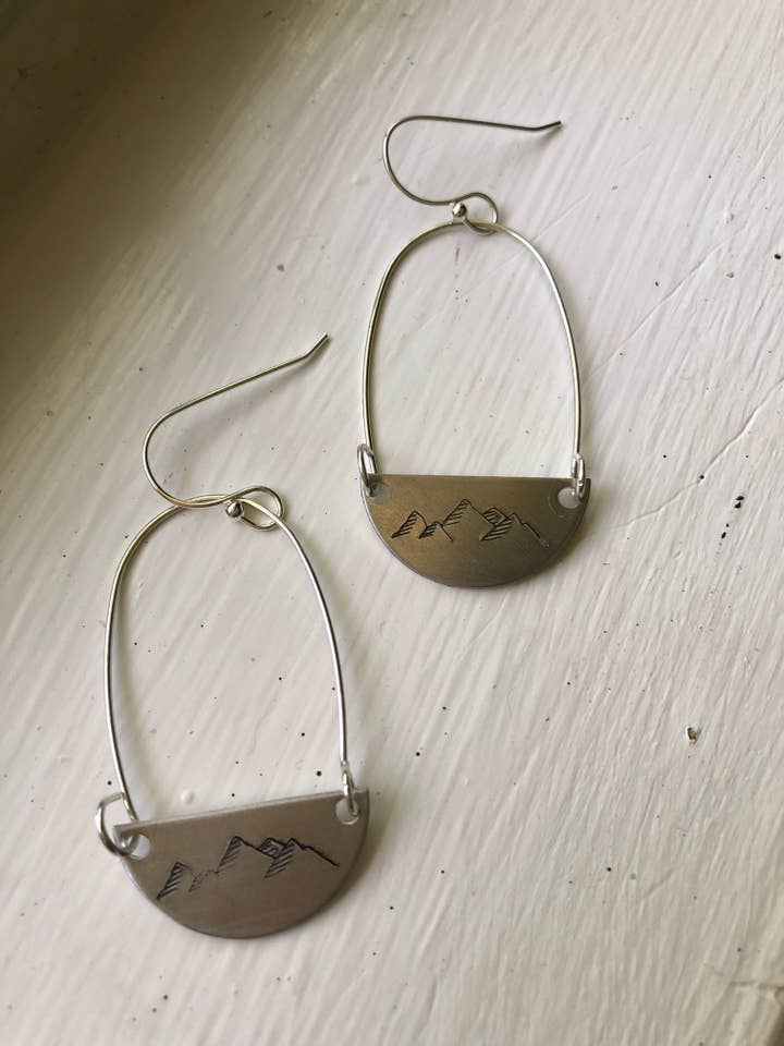 Hand stamped mountain SILVER and hoop earrings for wholesale by Rising Dawn Boutique