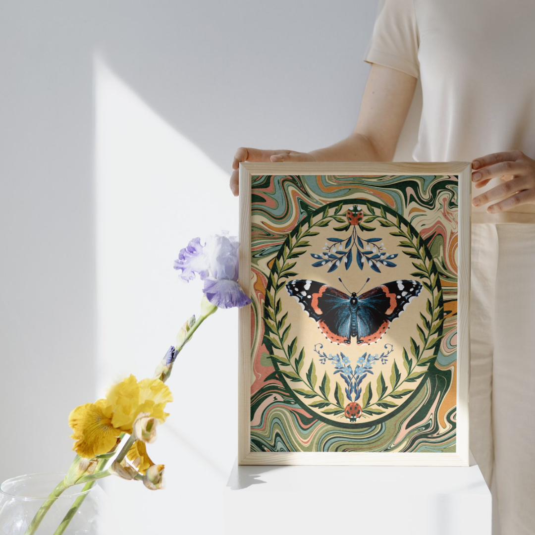 Folk Meadow - Wholesale Art Print - Red Admiral Butterfly & Ladybugs Print - 8x101