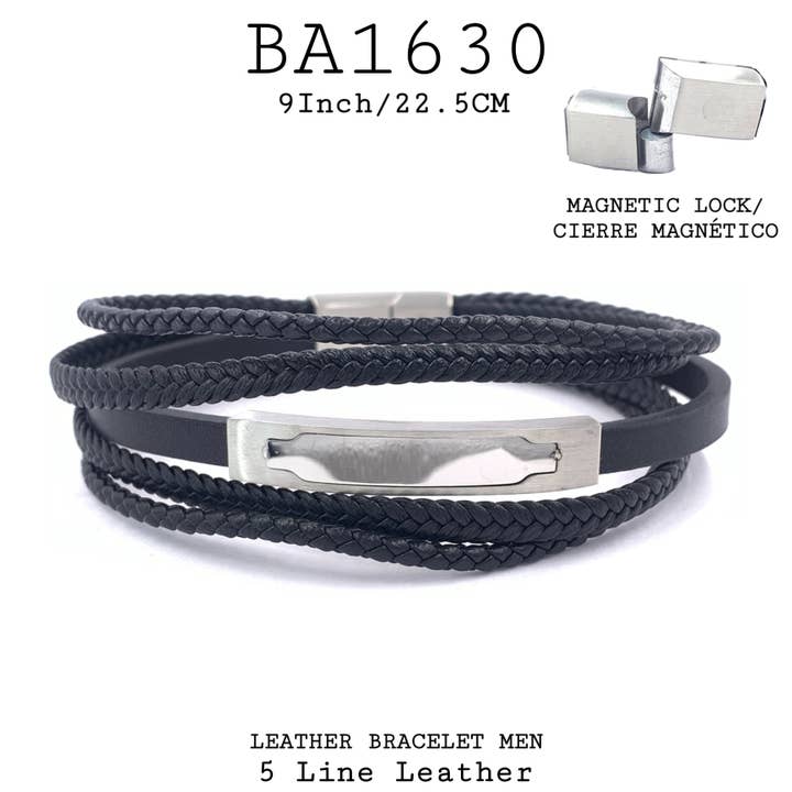 17 Zoll/22,5 cm schwarzes Kunstleder-Armband aus Edelstahl für Herren für den Großhandel von Nisso & Co. NYC Jewelry Wholesale