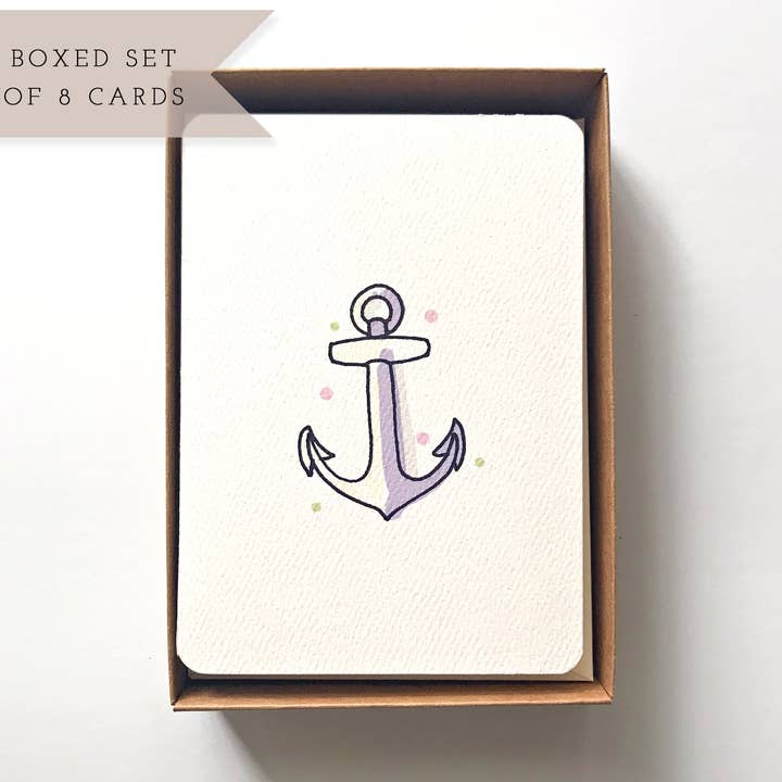 Set med 8 tomma notiskort i ask med marint ankarmotiv för wholesale av H.macdo Paper Co.