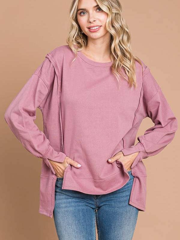 CFT1934L - ROUND NECK OVERSIZED EXPOSED SEAM TOP for wholesale by Culture Code