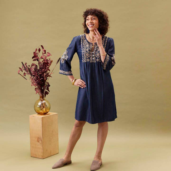 rockflowerpaper - Wholesale Dress - Women's - DENIM TENCEL Dress with Tan Embroidery