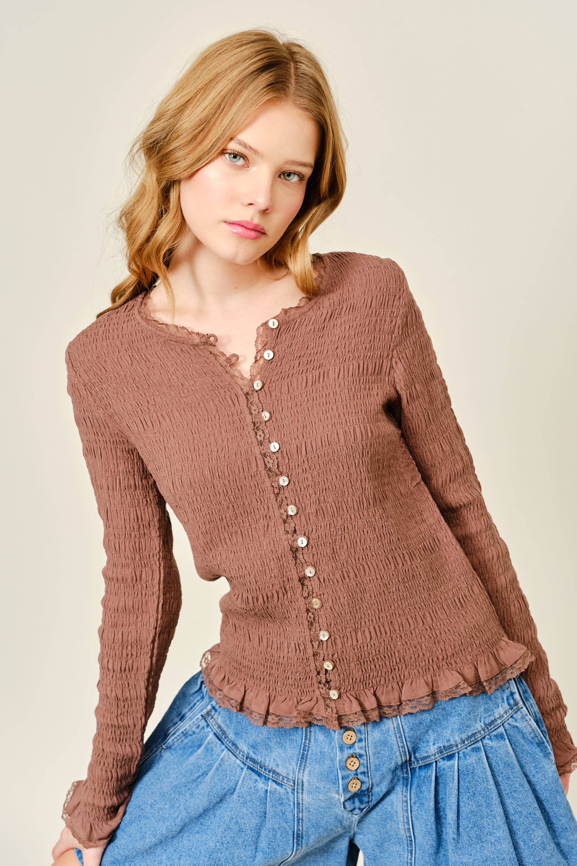 Aaron & Amber - Wholesale Knit Top - Women's - AJT5485 FULL SMOCKED BUTTON DOWN TOP WITH LACE EDGE16