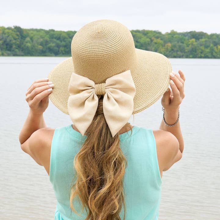 Zaya Boho Wide Brim Ponytail Sun Hat with Bow for wholesale by Elsie & Zoey