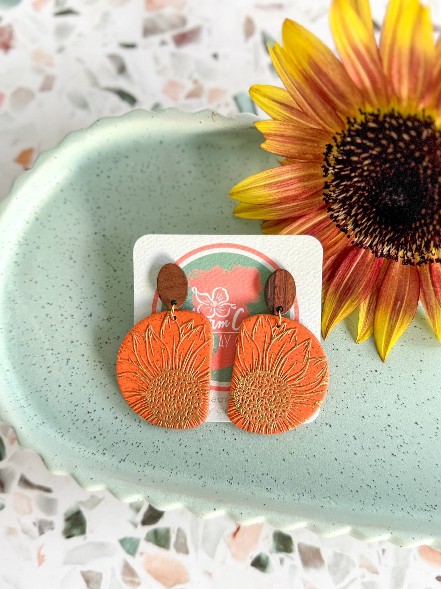 Anam Cara Clay Goods - Wholesale Dangle Earrings - Half Circle Sunflower Drops Polymer Clay EarringS2