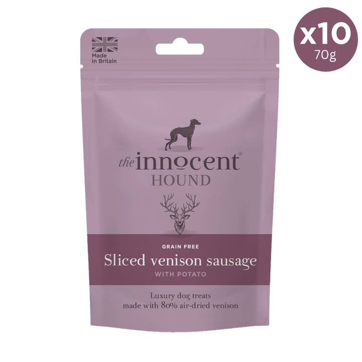 Sliced Venison Sausages with Potato 70g for wholesale by The Innocent Hound