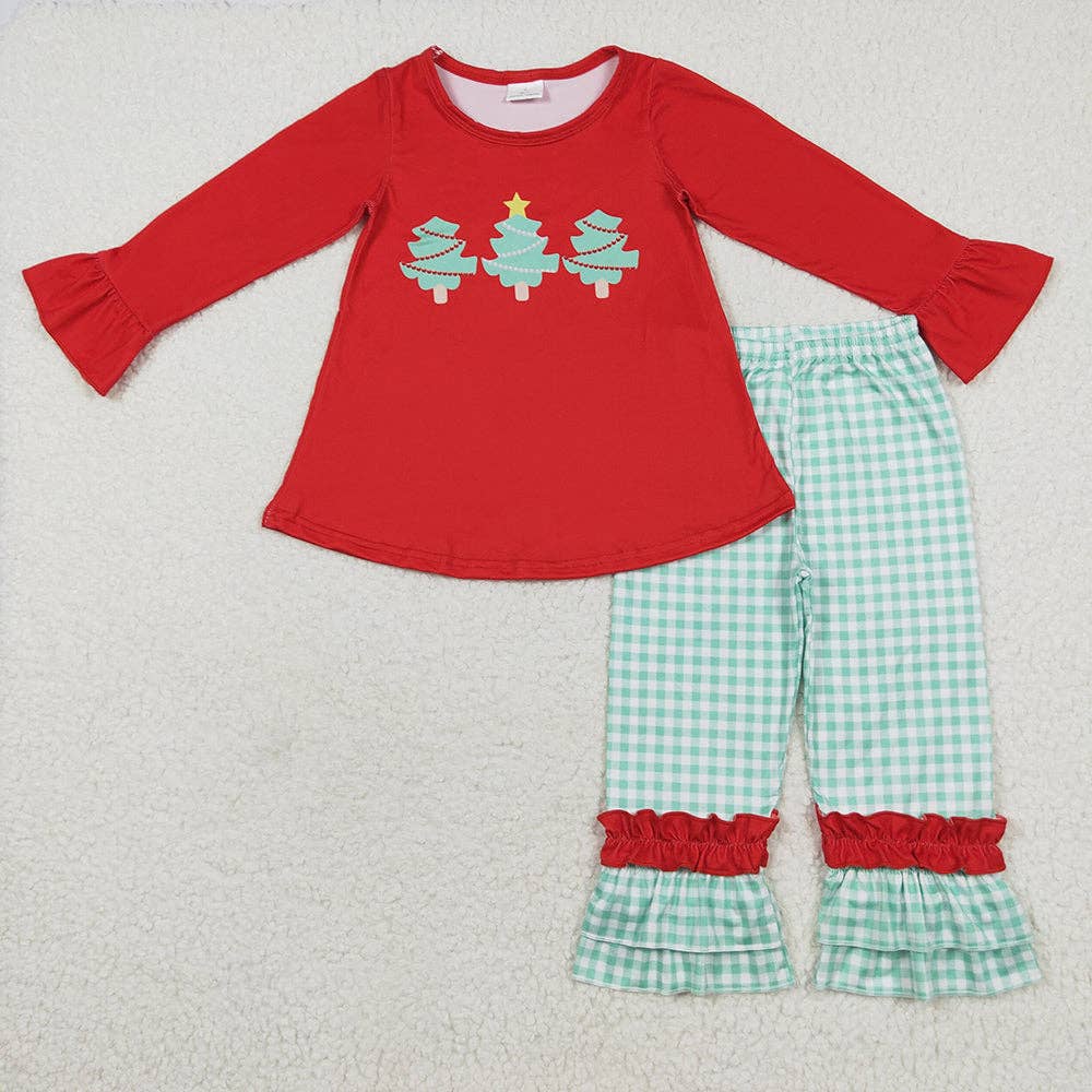 Aier Wholesale - Vente Ensemble haut et pantalon – enfant - Ensemble de vêtements de Noël pour bébés filles avec manches longues à volants, tunique et pantalon avec motifs de Père Noël, pain d'épice et sapins.2