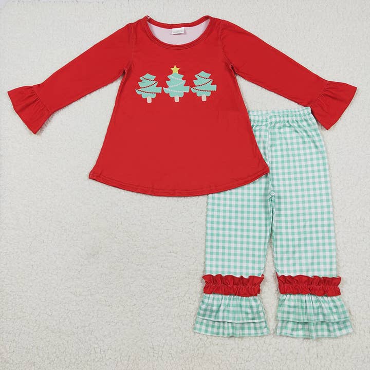 Aier Wholesale - Wholesale Top & Pant Set - Kids - Sibling Baby Girls Long Ruffle Sleeves Santa Gingerbread Trees Tunic Pants Christmas Clothes Sets2