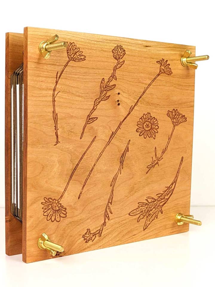 Hardwood Flower Press With Floral Design | 7"x7" for wholesale by Macon Makes