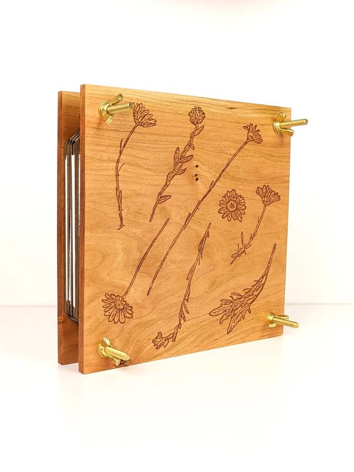 Hardwood Flower Press With Floral Design | 7"x7" for wholesale by Macon Makes