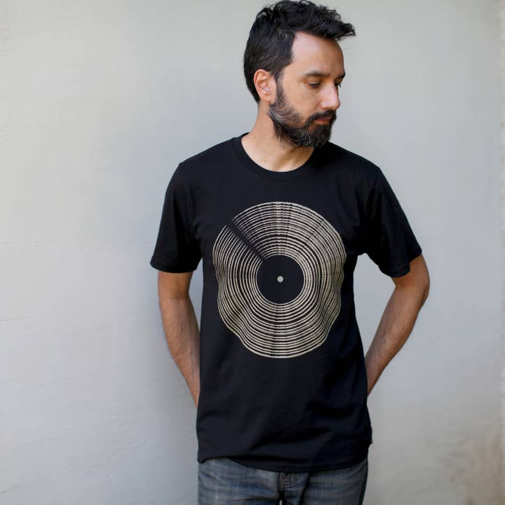 Blackbird Supply Co. - Wholesale Screen Printed T-Shirt - Men's - Gold Record LP Vinyl Record Mens Tee on Black Made in USA