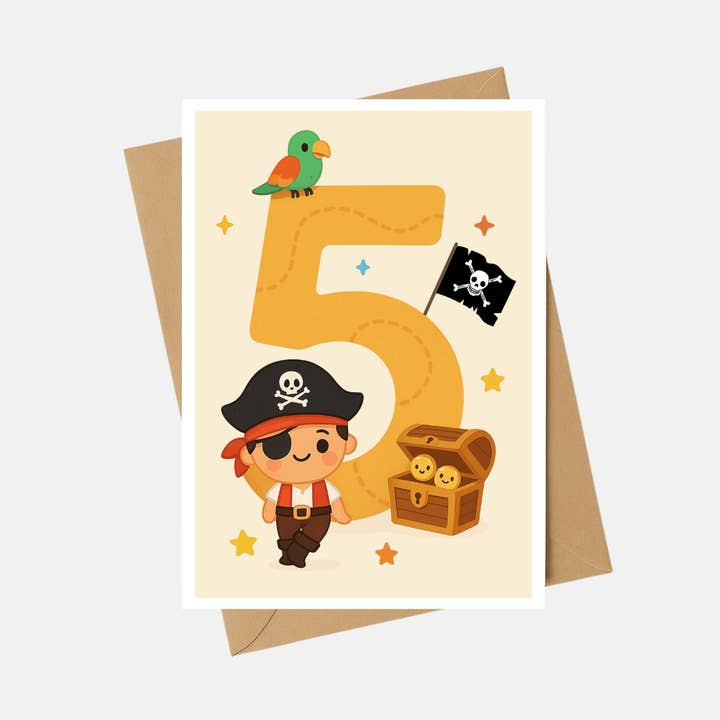 Cartão de Aniversário Infantil - Cartão de Aniversário de Pirata de 5 Anos - A6 por atacado de The Playful Press
