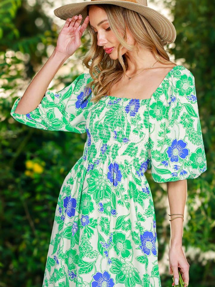 Vestido midi con mangas cortas abullonadas y escote cuadrado floral VD70142J para venta al por mayor de Vine & Love