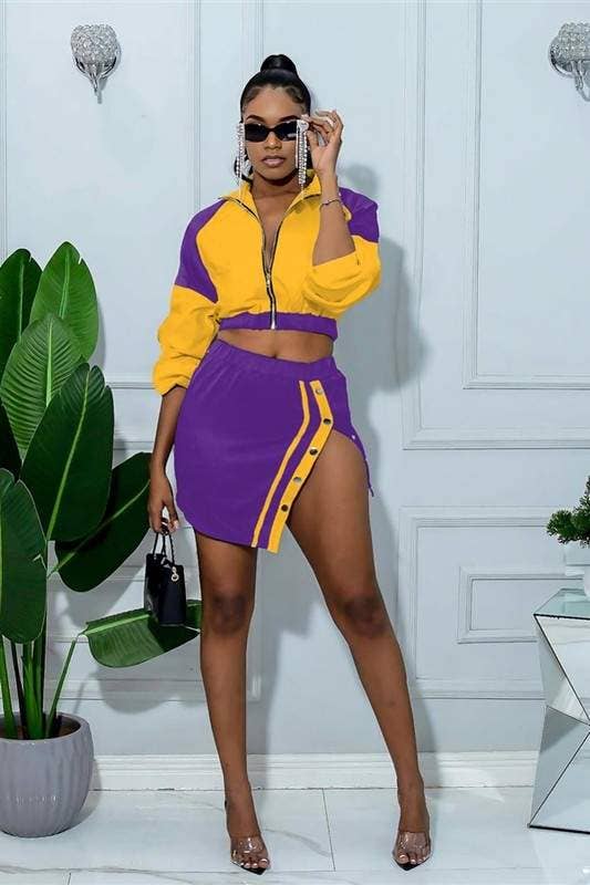 Flarix – wholesale Set med topp och kjol - Dam – färgblock dragkedja beskuren jacka slits kjol 2st10