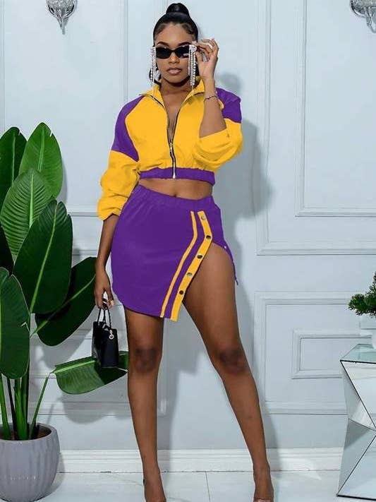 Flarix - Wholesale Top & Skirt Set - Women's - color block zipper cropped jacket slit skirt 2pcs3