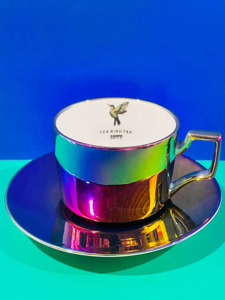 Tazza da tè e piattino Rainbow Chrome per la vendita all'ingrosso da parte di Tea Bird Tea