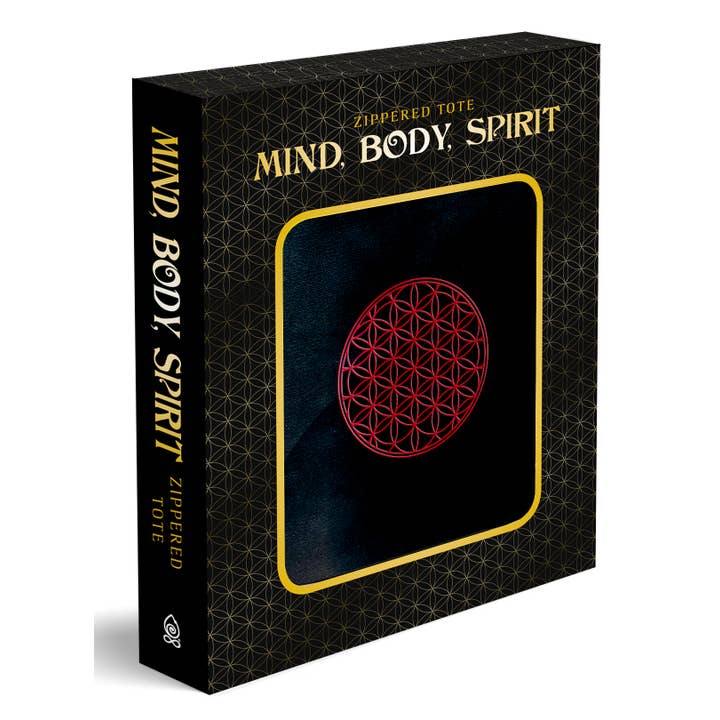 Sac fourre-tout à deux anses brodé rouge avec fleur de vie sur fond noir pour la vente par REDFeather