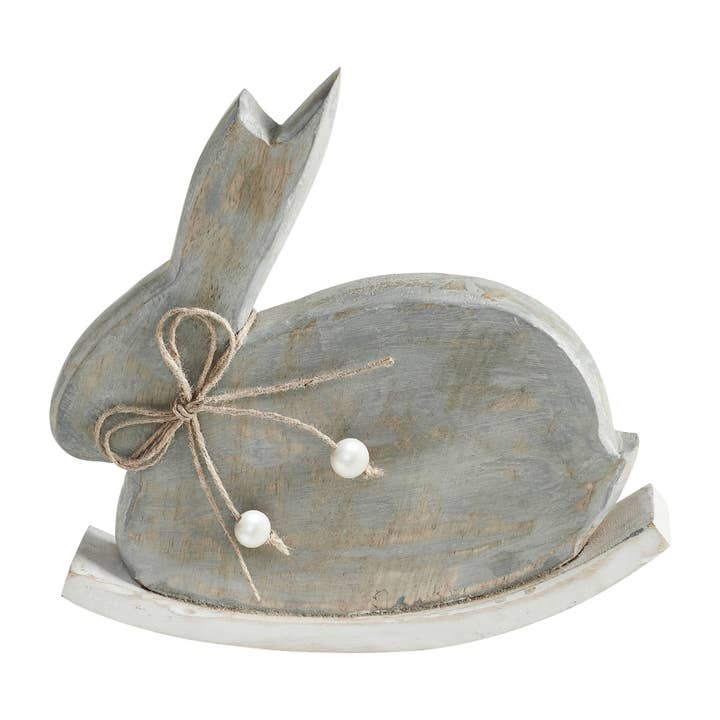 VHC Brands - Wholesale Decorative Tabletop Object - Bunny Hop Wooden Bunny w/ Pearl Beads & Rocker Base 7.5x7.5x1.5