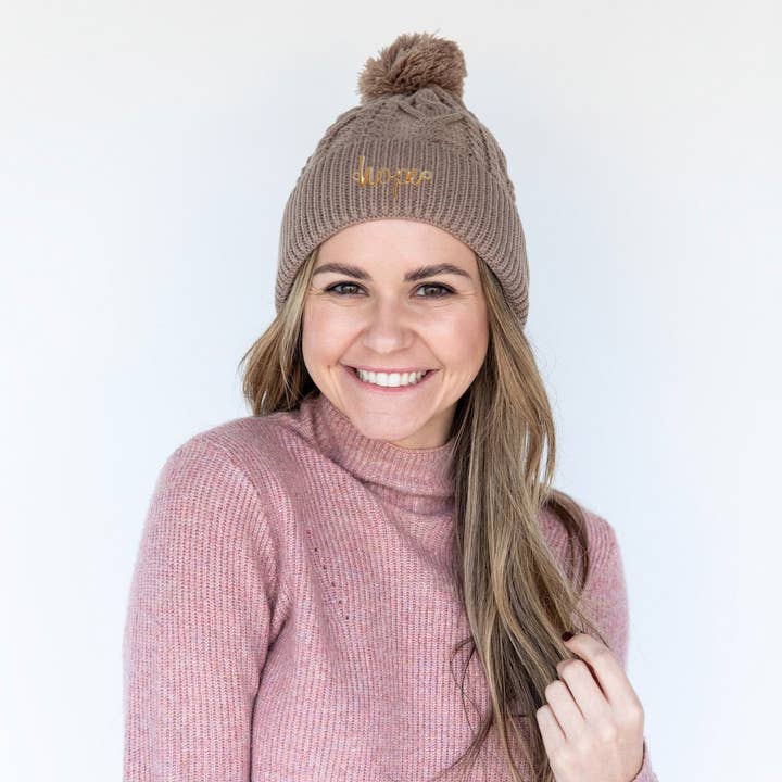 Cable Knit Pom-Pom Beanie - Beige for wholesale by Headbands of Hope | One Purchased One Donated