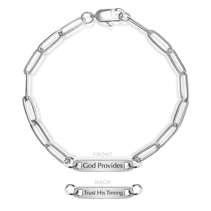 'God Provides, Trust His Timing' Engraved Paperclip Bracelet in Gold and Silver for wholesale by AMADI Jewelry