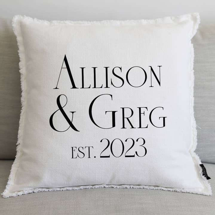 BRIDE & GROOM EST (personalize) - 20" PILLOW for wholesale by Wildwood Landing